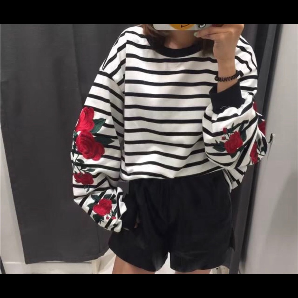 Rose Embroidered Striped Pullover